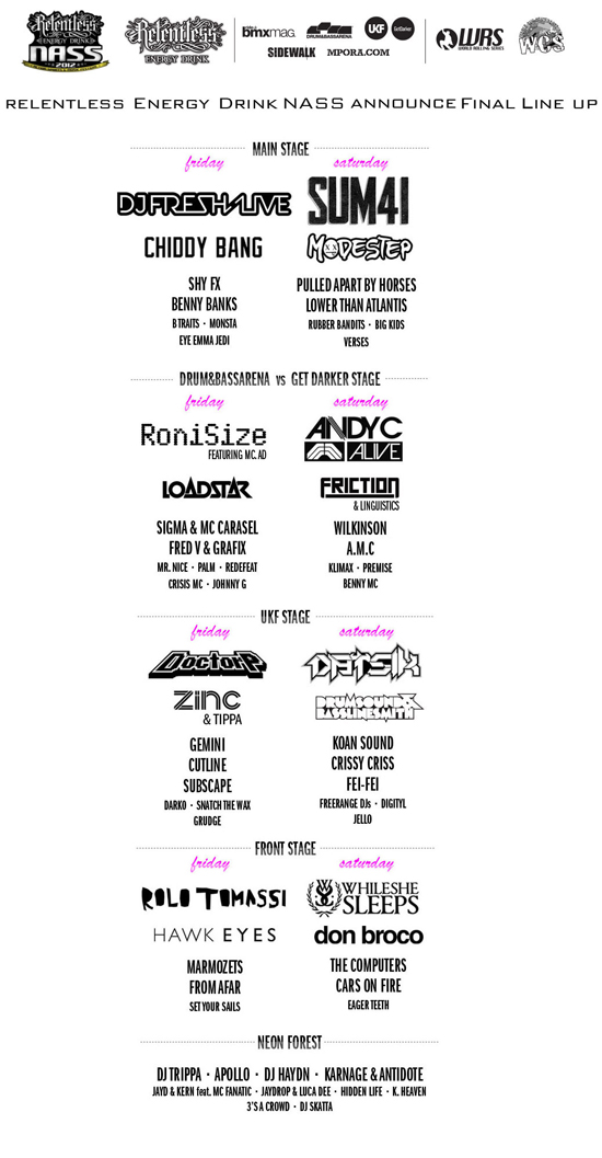 Rogue Mag Music and Festivals - Since unveiling the first acts earlier this year, Relentless Energy Drink NASS are pleased to announce their final line up of acts that will be joining them this 2012.